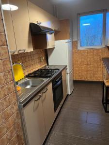 Il comprend une cuisine équipée d'un évier et d'une cuisinière. four supérieur dans l'établissement Andersa 8/67, à Słupsk