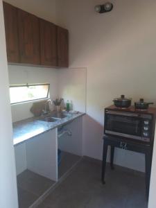 una pequeña cocina con fregadero y microondas en El Caburé en Concepción del Uruguay