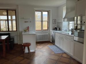 cocina con armarios blancos y suelo de madera en Einzigartiges Appartement im Höfli11 mit 3 Schlafzimmer en Solothurn