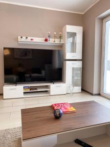 ein Wohnzimmer mit einem großen TV und einem Tisch in der Unterkunft Wohnung mitten in der Altstadt in Koblenz