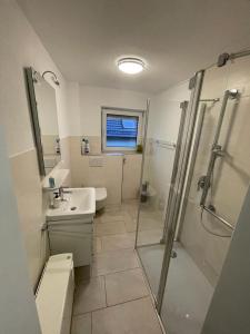 La salle de bains est pourvue d'une douche, de toilettes et d'un lavabo. dans l'établissement Ferienwohnung Weinbergglück, à Lauda-Königshofen