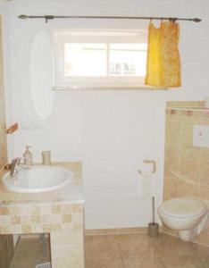 y baño con lavabo y aseo. en Haus Paula - Am Rhododendronpark, en Graal