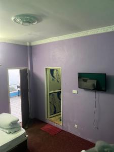 a room with a mirror and a purple wall at Nagarkot Valley View Point Resort in Bhaktapur