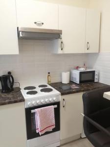 a kitchen with a stove and a microwave at Cosy City Apartment in Cork