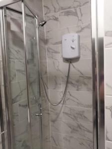 ein Bad mit einer Dusche und einer Glastür in der Unterkunft Cosy City Apartment in Cork