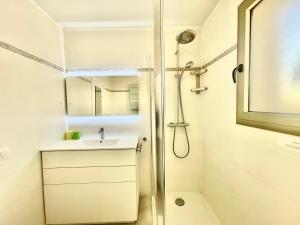 La petite salle de bains est pourvue d'un lavabo et d'une douche. dans l'établissement Vezelay, by Welcome to Cannes, à Cannes