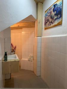 a bathroom with a sink and a bath tub at Studio Nature of Sea in the city center in Antalya