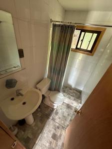 uma casa de banho com um lavatório, um WC e um chuveiro em Cabañas de Montaña Deumayen em Caburgua