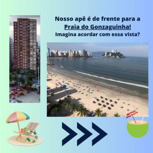 un collage de photos d'une plage avec vue dans l'établissement Apê frente para o mar - pé na areia, à São Vicente