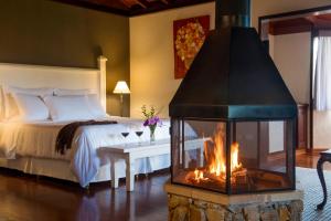 1 dormitorio con chimenea junto a una cama en Maua Brasil Hotelaria, en Visconde De Maua