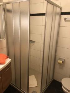 a shower with a glass door in a bathroom at Tobadill Apartments in Tobadill