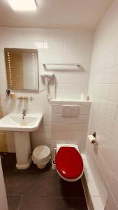 W łazience znajduje się czerwona toaleta i umywalka. w obiekcie Jeff Hotel w Paryżu