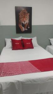 a bed with red pillows and a picture of a tiger at HOTEL CYSNE in Sobral