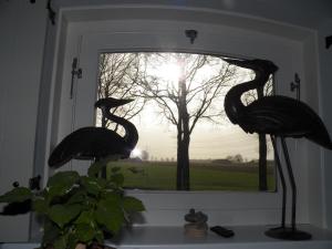 una ventana con dos estatuas de pájaros delante de ella en Bij Leentjer geheel appartement, 