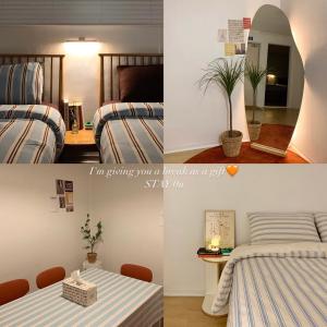 2 fotos de un dormitorio con cama y mesa en Stay Gongyu Nonhyeon, en Seúl