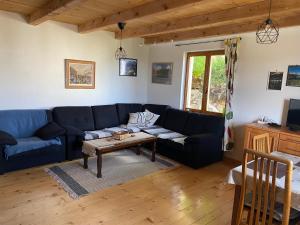 a living room with a blue couch and a coffee table at Lasica in Žabljak