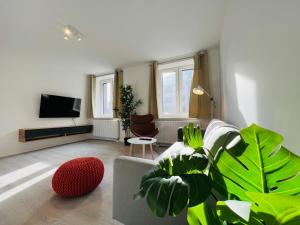 a living room with a couch and some plants at Deluxe Apartments - 1 & 2 Bedroom - Zentral - 10 Min Messe in Düsseldorf