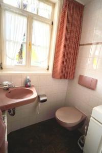 a bathroom with a toilet and a sink and a window at Ferienhaus Altes Wirtshaus in Lügde