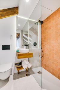 a bathroom with a shower and a toilet and a sink at Palacio de Bobadilla Suites in Cuenca