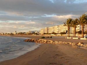 a beach with buildings and palm trees and the ocean at Appartement Le Grau-du-Roi, 2 pièces, 5 personnes - FR-1-307-142 in Le Grau-du-Roi