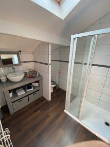 a bathroom with a sink and a glass shower at Les Ecuries du SEQUE in Saint-Martin-de-Seignanx