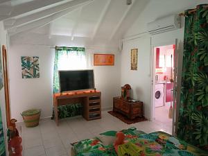 a living room with a flat screen tv and a bed at La Kaza Tresor - Joli appartement T2 et spa privé in Sainte-Anne