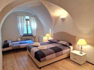 two beds in a room with an arched ceiling at Sartori Mountain Apartment in Pinzolo