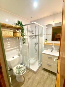 y baño con ducha, aseo y lavamanos. en La bâtisse des Oves, en Le Péage-de-Roussillon