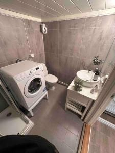 a bathroom with a washing machine and a toilet at KB Basement Apartment in Sørvågen