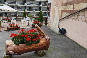 a wooden planter with red flowers on a patio at Torgon Grand studio Confortable in Torgon