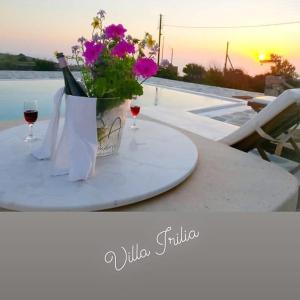 a table with two glasses of wine and a bouquet of flowers at Villa Irilia, Private Pool with Unrestricted Sea View in Fanari
