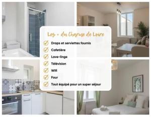 uma colagem de fotos de uma cozinha e uma sala de estar em Charme de Loire à St Ay *T2* em Saint-Ay