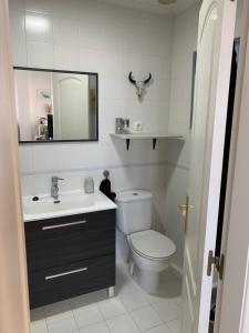 une salle de bain avec toilettes, lavabo et miroir dans l'établissement Vistas al mar, amplia terraza y garaje, à Miengo 13 autres photos