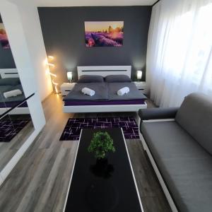 a bedroom with a bed and a couch at Cosmopolitan Apartman in Sárospatak