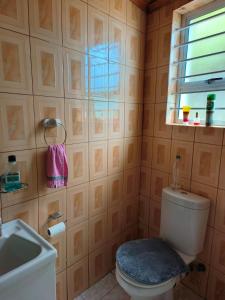 a bathroom with a toilet and a sink and a window at Strictly-Halaal Holiday Home at Meerensee Resort in Fisherhaven