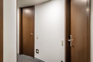 a hallway with two wooden doors and a hallway at Hotel Madanis Liceo in Hospitalet de Llobregat