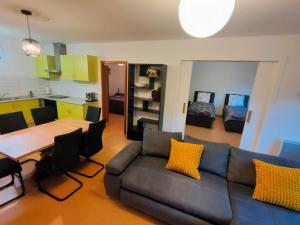 een woonkamer met een bank en een tafel en een keuken bij Industriel F3 Appartement in Thann