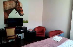 1 dormitorio con 1 cama y una foto de un caballo en la pared en Caballus Lovasmajor en Nyíregyháza