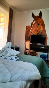 una camera da letto con una foto di un cavallo sul muro di Caballus Lovasmajor a Nyíregyháza