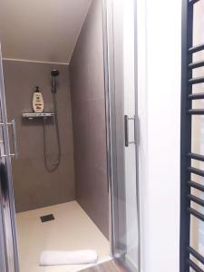 a shower with a glass door in a bathroom at Suite Mansardée indépendante, 25min Lyon-Villefranche in Chazay-dʼAzergues