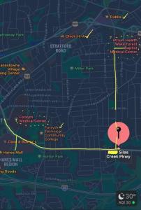 a map of a city with a yellow line at Hidden GEM W1 king bed &2 queens in Winston-Salem