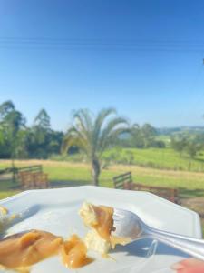 a plate with a piece of food with a fork at Recanto das Seriemas in Patrimônio São Sebastião