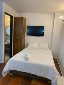 1 dormitorio con 1 cama y TV en la pared en hotel Atabal 