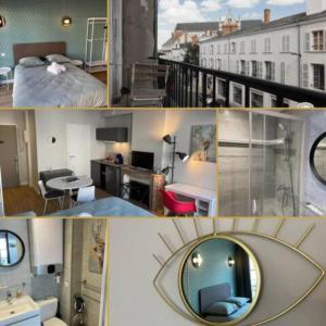 een collage van vier foto's van een kamer bij Chaleureux studio * Neuf * Hypercentre * Wifi * in Orléans