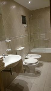 La salle de bains est pourvue de toilettes, d'un lavabo et d'une baignoire. dans l'établissement Hotel De Los Andes, à Ushuaia