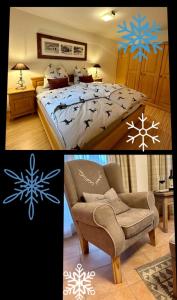 a bedroom with a bed with a snowflake painted on it at Laax Cozy Apartment Ski Bus in front of the Door in Laax