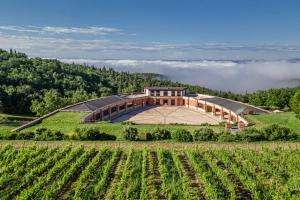 duży budynek na wzgórzu obok winnicy w obiekcie Castello di Fonterutoli Wine Resort w mieście Castellina in Chianti