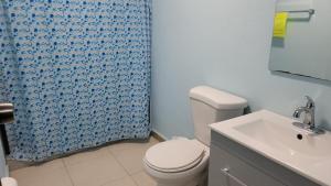 a bathroom with a toilet and a shower curtain at Remodeled & Very Cozy sleeps 12 near Casa Bacardi, Center Unit in Catano