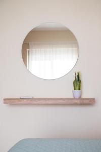 un espejo en una pared con una planta en un estante en Kyma 3 - 5 min to Beach, en Cos