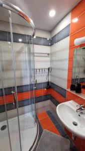 La salle de bains est pourvue d'une douche et d'un lavabo. dans l'établissement Apartmány Gajdošova, à Moravská Ostrava